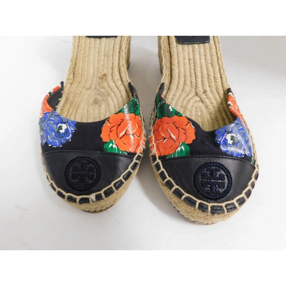 Tory Burch‎ Floral Espadrille Wedge Logo Toe Cap Sandals 7